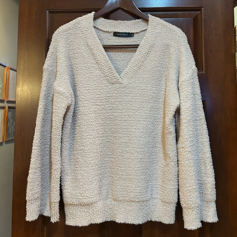 MEROKEETY Cozy Teddy‎ Sweater Oversized Small Cream V Neck Soft